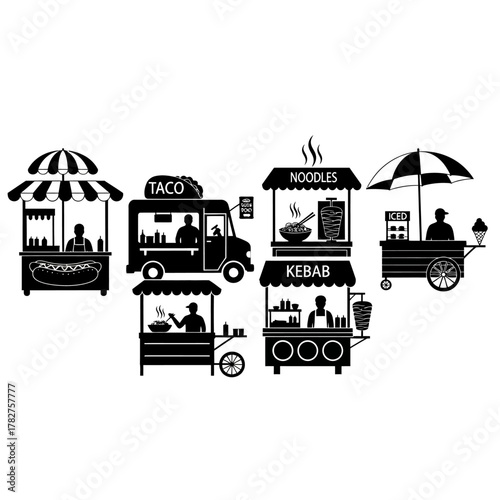 Detailed black silhouette collection of street food vendors, carts, and trucks serving popular fast food items.