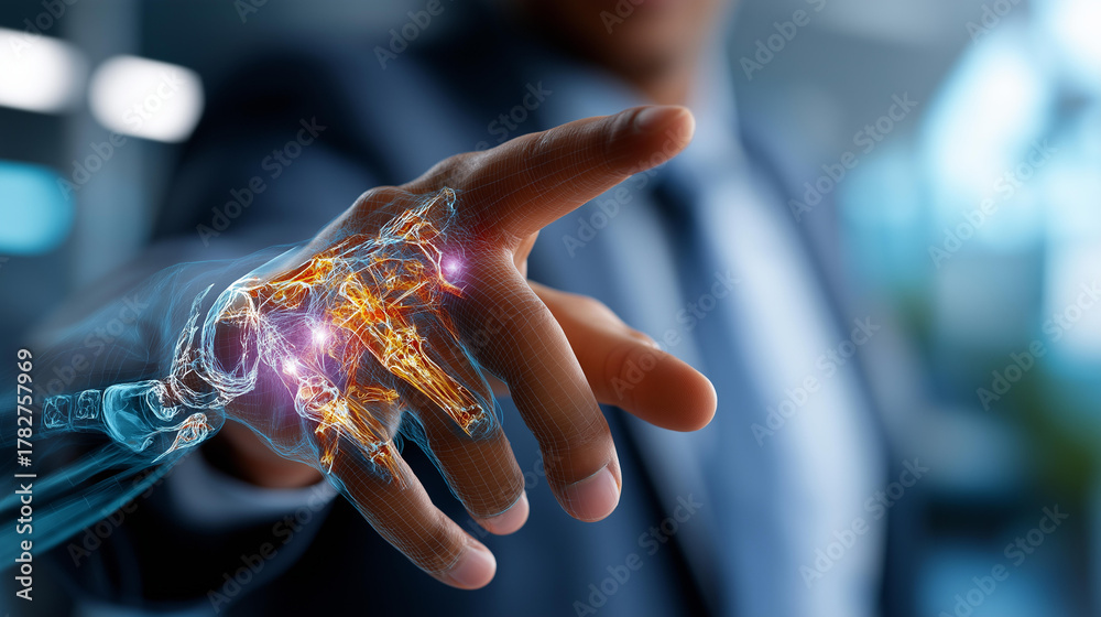 Fototapeta premium Faceless businessman's hand touching digital x ray human body scan hologram defocused office background 3D rendering interface medical technology visualization health
