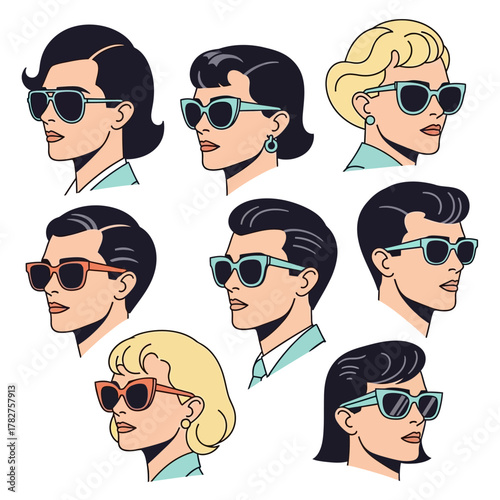 Retro pop art illustration of diverse men and women wearing stylish sunglasses, iconic 50s 60s fashion style, vintage look