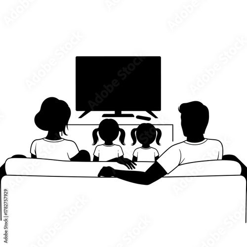 Family sitting on a couch watching television together at home, enjoying leisure time and entertainment.