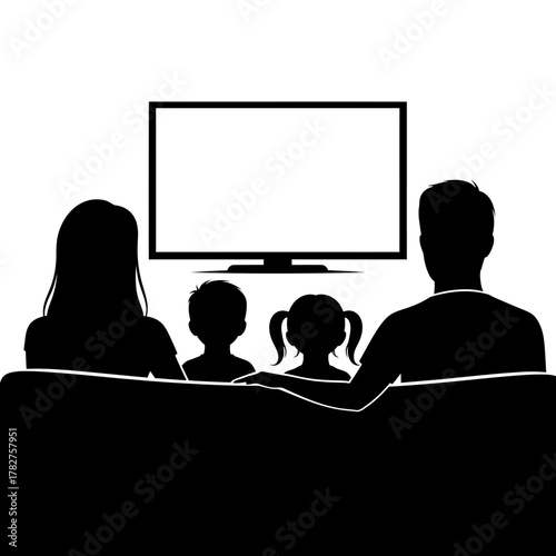 Family silhouette watching television together, parents and children enjoying home entertainment on couch