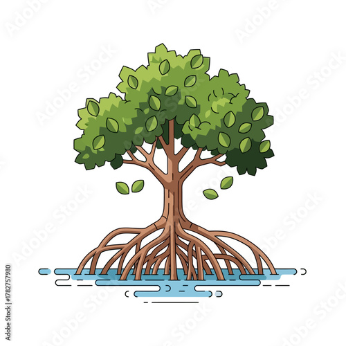 Vibrant cartoon mangrove tree illustration with prominent prop roots in water, symbolizing coastal ecosystems and resilience.