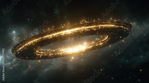 Fototapeta Naklejka Na Ścianę i Meble -  A futuristic space station in a dark galaxy. The station is a large, glowing ring with intricate details and bright lights, surrounded by stars and cosmic dust.