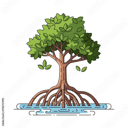 Detailed cartoon illustration of a mangrove tree with intricate prop roots submerged in water, ecological habitat.