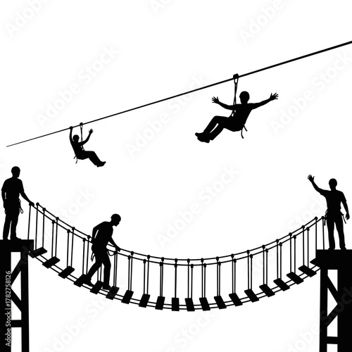 Adventure park silhouette illustration: people zip-lining and crossing a challenging rope bridge with safety equipment on white