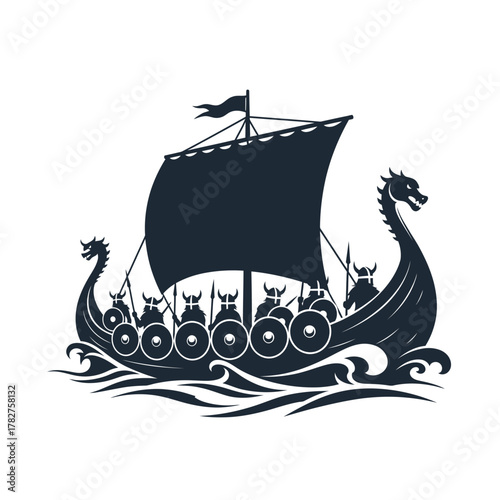 Viking longship silhouette with warriors, shields, and dragon heads, sailing on water, ancient norse history