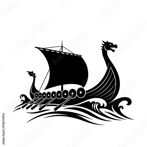 Viking longship with dragon head sailing on sea waves, ancient norse vessel silhouette for history and adventure.