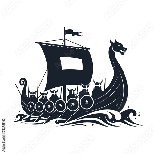 A viking longship silhouette, armed warriors, dragon prow, sail, and flag. ancient norse history and powerful myth.