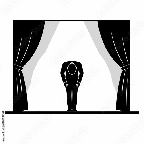 Black silhouette of a person bowing on stage with elegant curtains and spotlight for performance. acknowledging audience or show finale