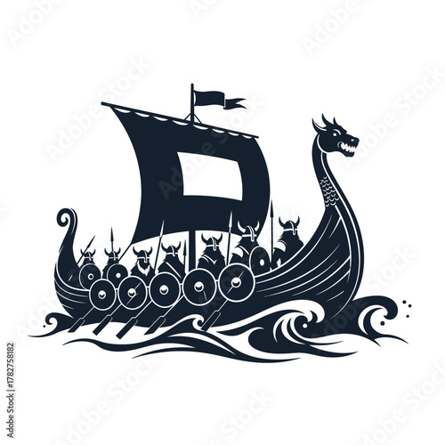 Viking longship silhouette with warriors and dragon head prow sailing on ocean waves, detailed historical vector art.