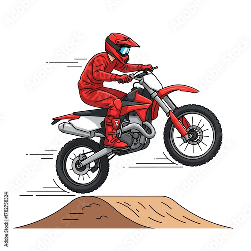 Motocross rider in full red gear jumping high on a dirt bike over a large ramp, dynamic illustration art