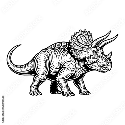 Triceratops dinosaur detailed vintage engraving style illustration, a powerful prehistoric creature isolated on white.