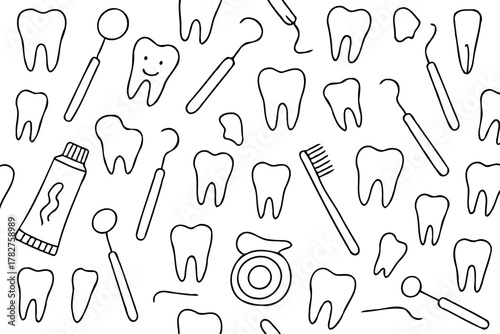 Black And White medical dental clinic Logos icons, smiley doctor Line art, tooth care Collection. Set Hand Drawn Doodle Simple drawing, Illustration teeth, Outline dentist and patient toothbrush