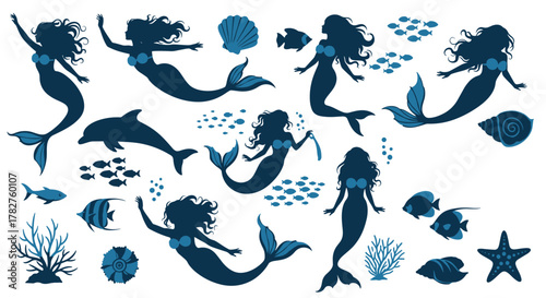 Large collection of enchanting blue silhouettes featuring mermaids, a dolphin, fish, and various sea elements like shells and coral.