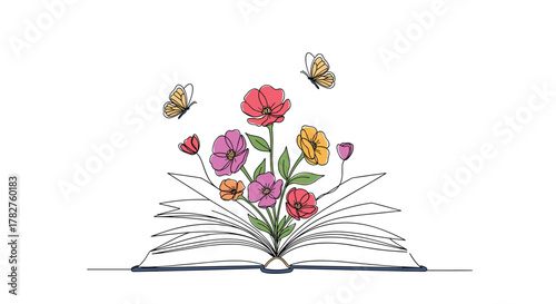 Continuous one-line drawing of an open book with colorful flowers and butterflies emerging from its pages, symbolizing imagination.