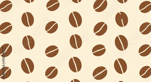 Simple and modern seamless pattern of brown coffee beans scattered across a light beige background, perfect for cafe decor.