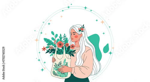 Beautiful illustration of a stylish woman holding an eco-friendly tote bag overflowing with fresh flowers and green plants.