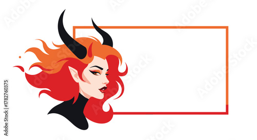 Seductive devil woman with fiery red hair and black horns, posing next to a blank rectangular frame for text or images.