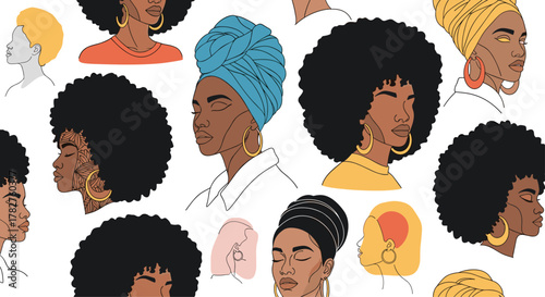 Seamless pattern celebrating black beauty with stylish portraits of African American women with various hairstyles and headwraps.