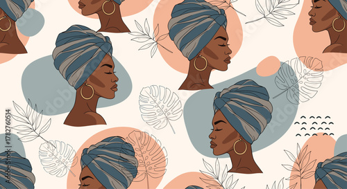 Stylish seamless pattern featuring the profile of a beautiful black woman wearing a striped headwrap, on an abstract background.