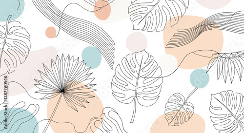 Elegant and modern abstract background with dashed line art of tropical leaves, wavy lines, and pastel-colored organic shapes.