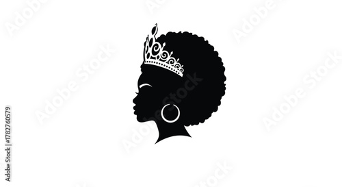 Elegant black silhouette of an African American queen, featuring a woman with a natural afro hairstyle wearing a beautiful crown.