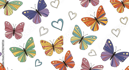 Delicate and charming seamless pattern with colorful, hand-drawn butterflies and sketched hearts on a clean white background.