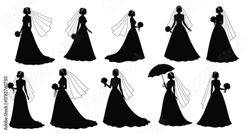 Elegant collection of ten bride silhouettes in various graceful poses, wearing beautiful wedding dresses and veils on a white background.