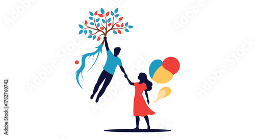 Abstract and symbolic illustration of a man flying while holding a tree, connected by hand to a woman on the ground.