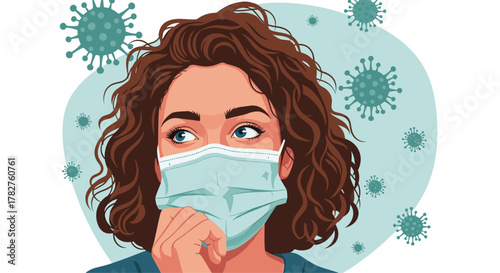 Concerned woman with curly brown hair wearing a protective face mask, looking aside as virus particles float around her.