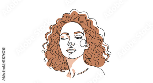 Modern continuous one-line art portrait of a beautiful woman with voluminous, curly brown hair and closed eyes in a serene pose.
