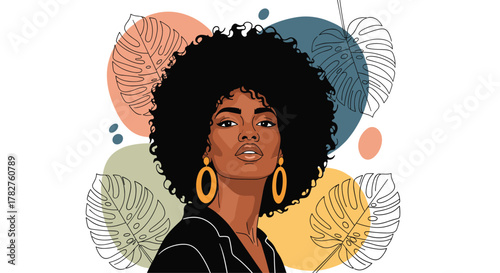 Confident and stylish portrait of a beautiful black woman with a large afro, set against an abstract background of tropical leaves.