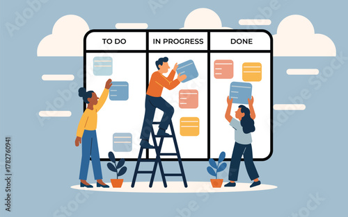 Team collaboration on agile project board with tasks in progress, promoting efficiency and productivity in a modern workspace for effective management.