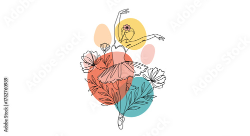 Elegant one-line drawing of a graceful ballerina dancing amidst flowers and abstract shapes, combining minimalism with vibrant color spots.
