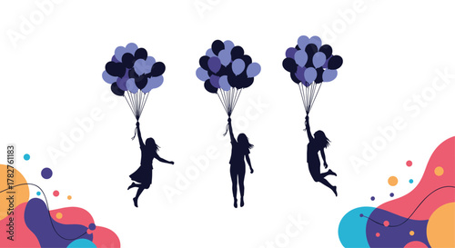 Three silhouettes of young women flying and floating while holding large bunches of balloons, set against a colorful abstract liquid background.