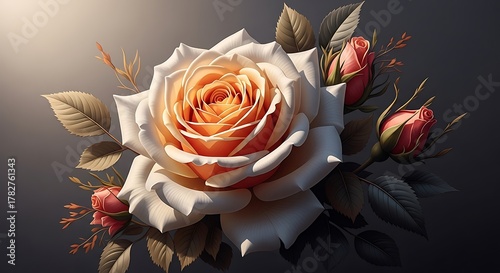 Elegant peach rose arrangement with buds and dark background decoration