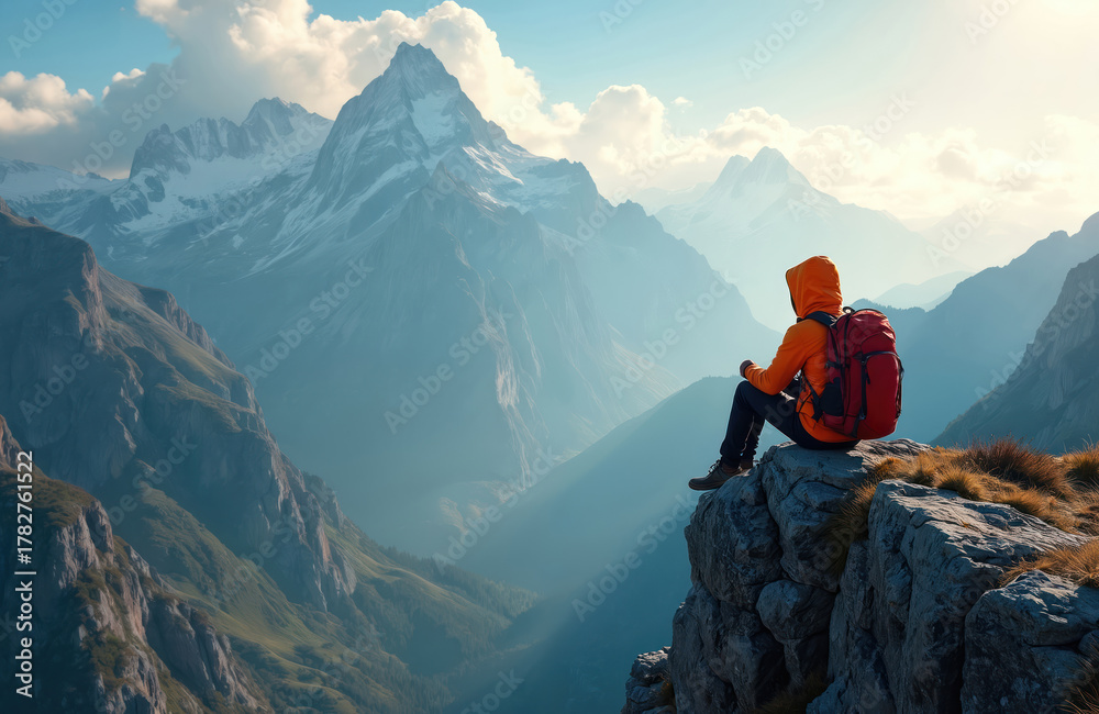 Fototapeta premium Man in orange jacket sits on cliff edge with red backpack. Hiker looks at mountain valley below. Lone person enjoys vast panorama. Adventure and travel scene.
