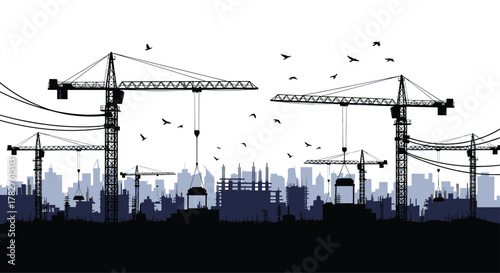 Silhouette of a sprawling city skyline under construction with numerous tower cranes and birds, depicting urban development and industry.