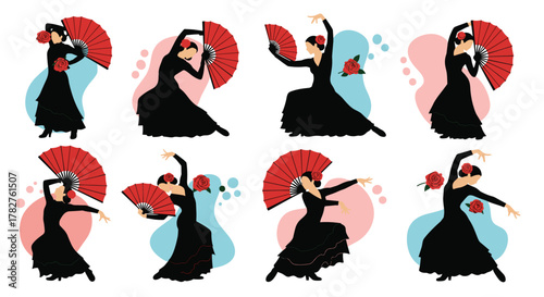 Set of eight dynamic silhouettes of Spanish flamenco dancers with red fans, captured in various passionate poses against abstract backgrounds.