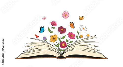 Open book with a burst of colorful wildflowers and butterflies emerging from its pages, symbolizing imagination, knowledge, and storytelling.