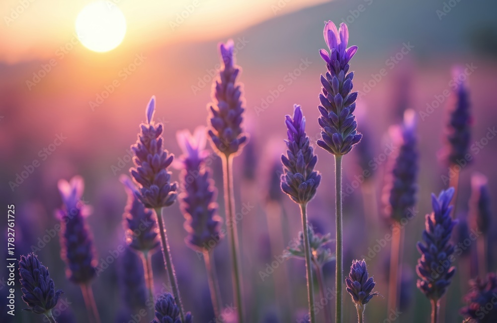 Fototapeta premium Purple lavender field in soft sunset light. Delicate flower stalks reach towards the sky. Gentle warm glow illuminates lush green grass below.