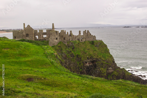 The historic Dunluce Castle ruins near Bushmills on the North Antrim coast in Northern Ireland often used as a film location in period dramas