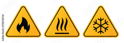 Set of hazard warning signs vector. Fire danger sign, heat hazard sign, cold temperature sign