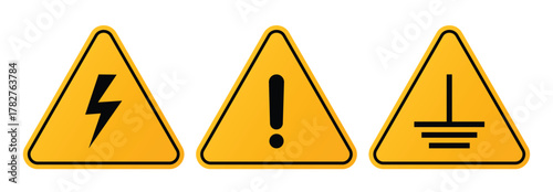 Set of hazard warning signs vector. High Voltage danger sign, general caution sign, electrical grounding sign