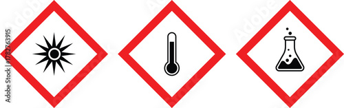 Set of hazard warning signs vector. Laser warning sign, Temperature hazard sign, Chemical hazard sign