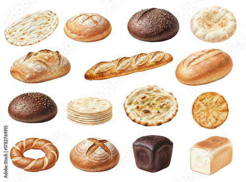 Watercolor Set of Assorted Bread and Bakery Products
