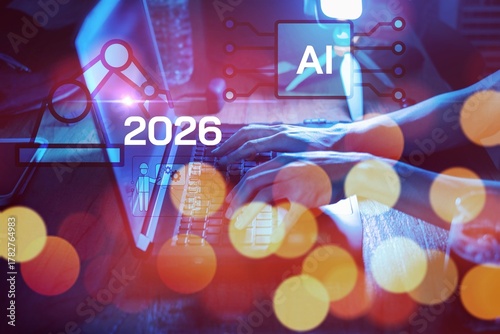 Wallpaper Mural Year 2026 AI disruption Concept, AI improvement,Robots have a role to play in replacing labor, 2026 companies are starting to manage human work alongside robots to reduce cost and more productivity Torontodigital.ca