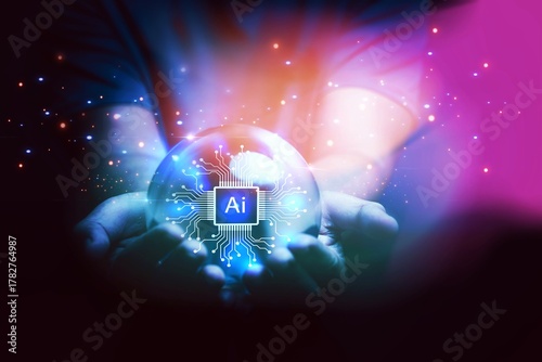 Wallpaper Mural Tech forecasting concept : Shining Ai tech icon display on magic crystal ball sphere with the colorful magic lighting ,Meaning of hope and beautiful world, Safety Ai system ethic and control Torontodigital.ca