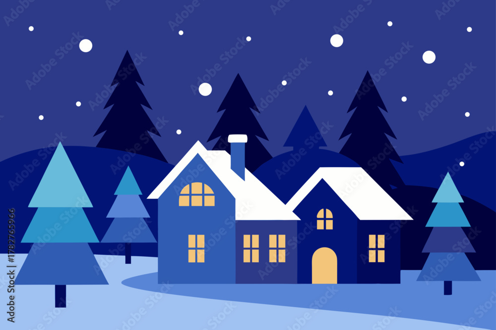 Naklejka premium A serene winter night landscape featuring a cozy house, snow-covered trees, and festive Christmas decorations perfect for a holiday scene card
