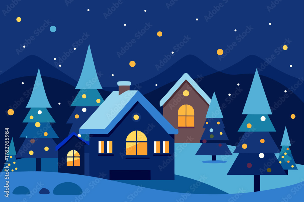 Fototapeta premium 🎄 A charming Christmas winter night landscape with snow-covered houses, festive trees, and sparkling stars over a cozy holiday village scene illustration